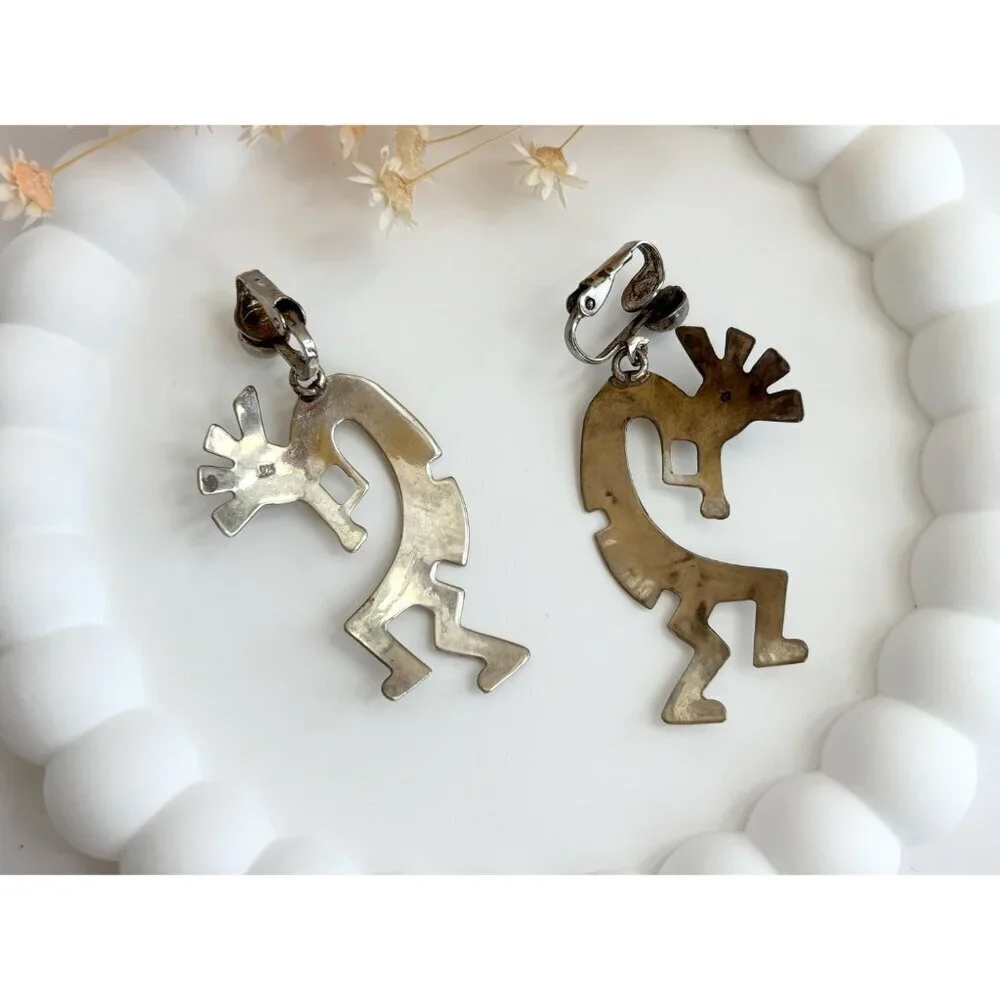 Kokopelli Sleeping Beauty Turquoise Sterling Silver Mexican Vintage Earrings - Picture 6 of 10